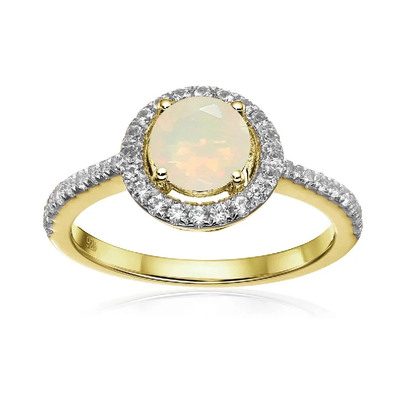 Yellow Gold Over Sterling Silver Ethiopian Opal and Created White Sapphire Ring