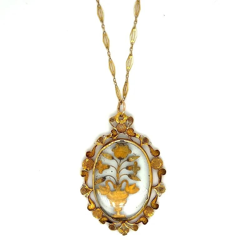 Estate 18K Yellow Gold Victorian Glass Flower Necklace