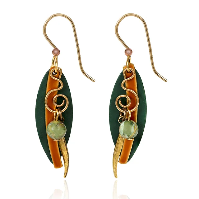 Silver Forest Earrings Layered Long Shapes with Gold Coil and Green Bead