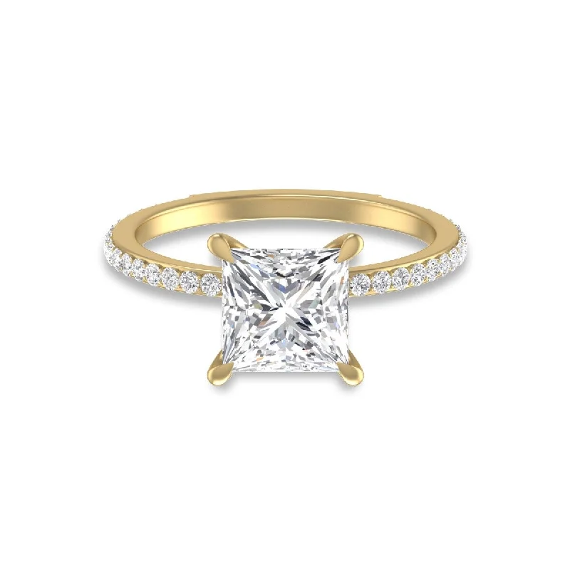 Marquee 14K Yellow Gold Hidden Halo Cleo Ring with IGI Certified 2 Carat Center Princess Cut Lab-Grown Diamond