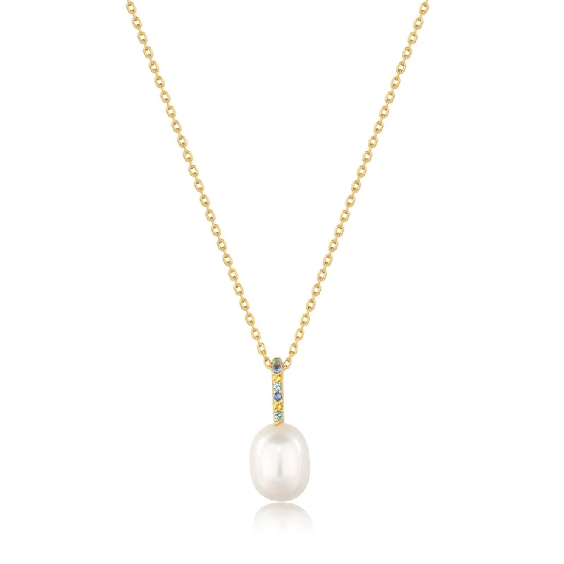 Gold Plated Nano Gem & Pearl Drop Necklace by Ania Haie