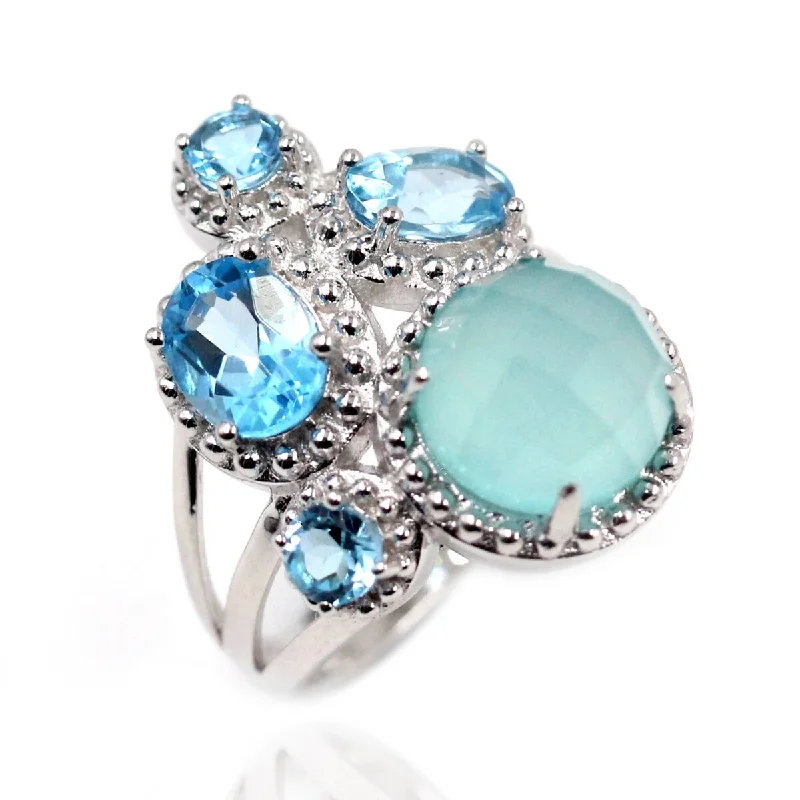 925 Sterling Silver Aqua Chalcedony and Swiss Blue Topaz Ring