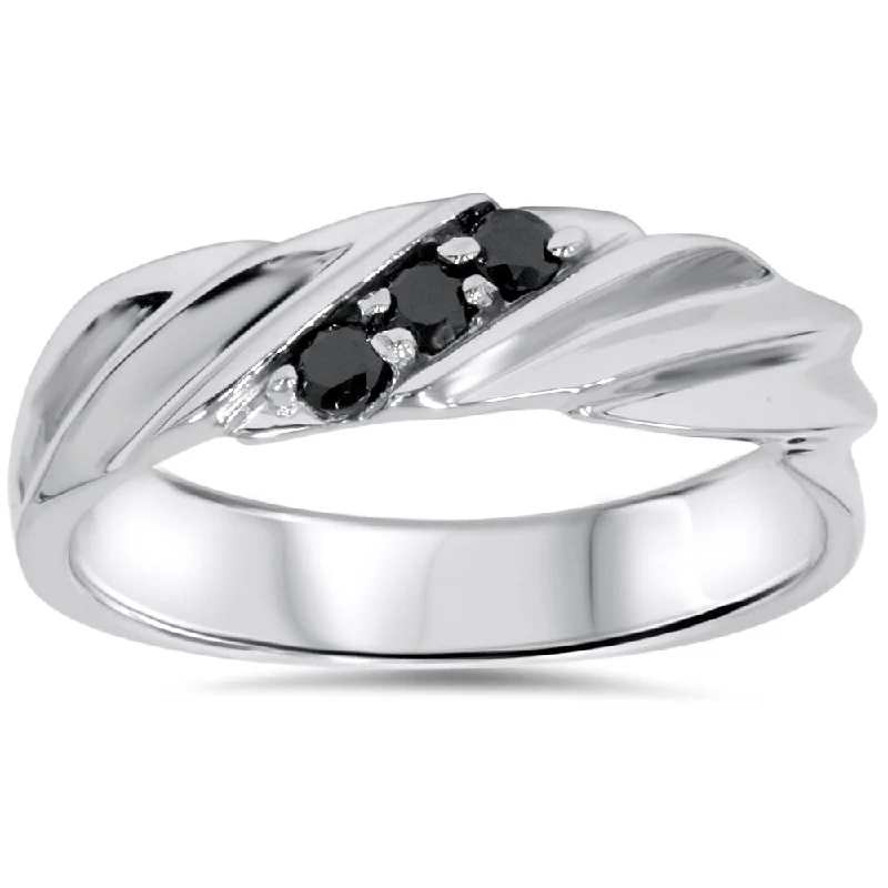 14K White Gold 1/5 CT TDW Men's Black Diamond Wedding Ring