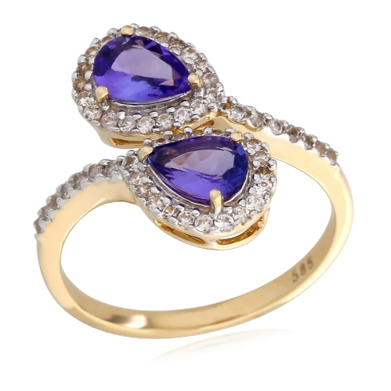 14KT Yellow Gold Tanzanite and White Zircon Gemstone Bypass Ring