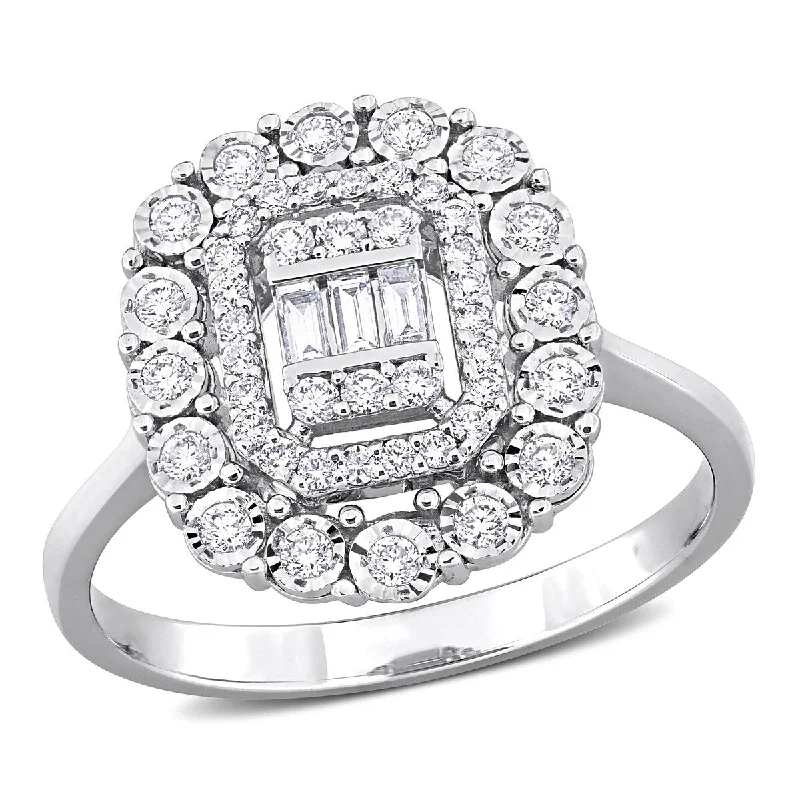 Miadora 1/2ct TDW Parallel Baguette Diamonds Octagon Halo Cluster Ring in 14k White Gold