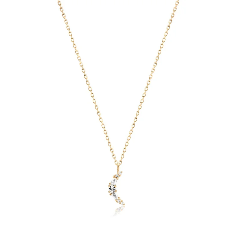 14K Yellow Gold White Sapphire Crescent Moon Necklace by Aurelie Gi