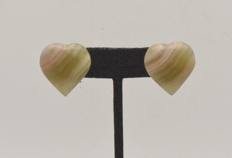 Vintage Carved Green Onyx Heart Clip On Earrings