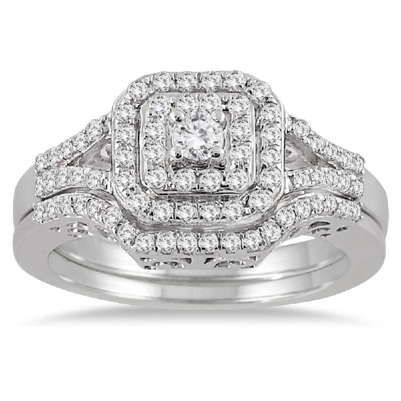 10k White Gold 3/5ct TDW Diamond Halo Bridal Ring Set