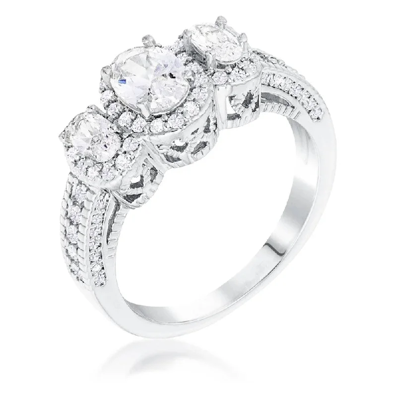 Rhodium Plated 3-Stone Oval Cut Cubic Zirconia Halo Ring