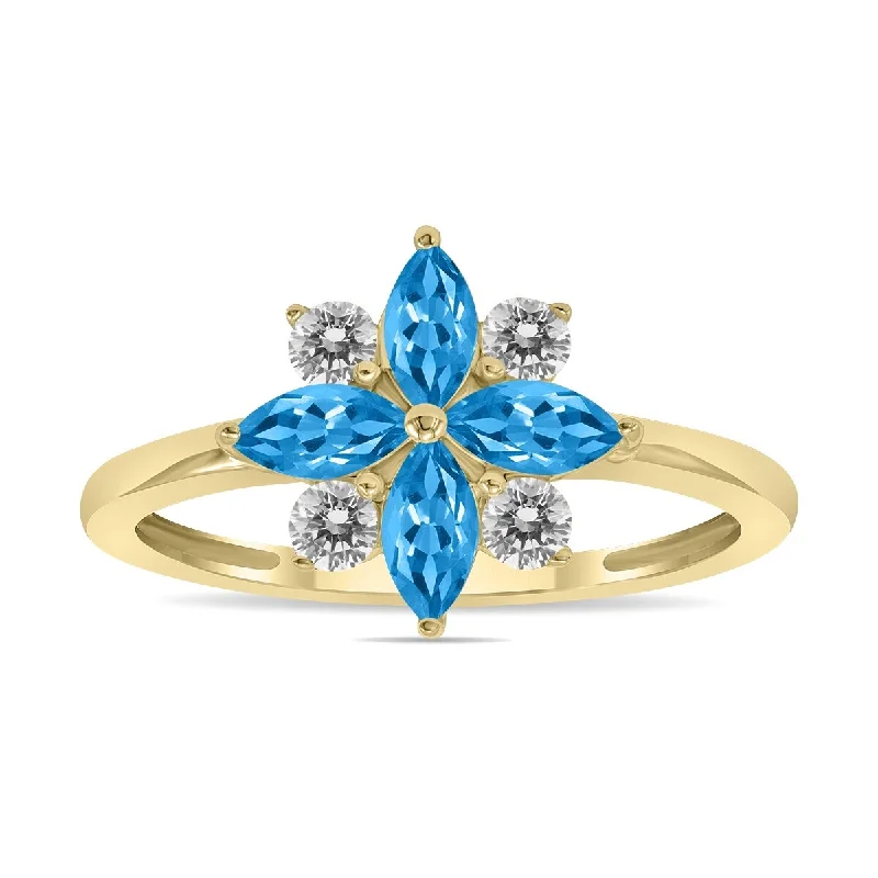 Marquee Jewels 3/4 Carat TW Blue Topaz and Diamond Flower Ring in 10K Yellow Gold