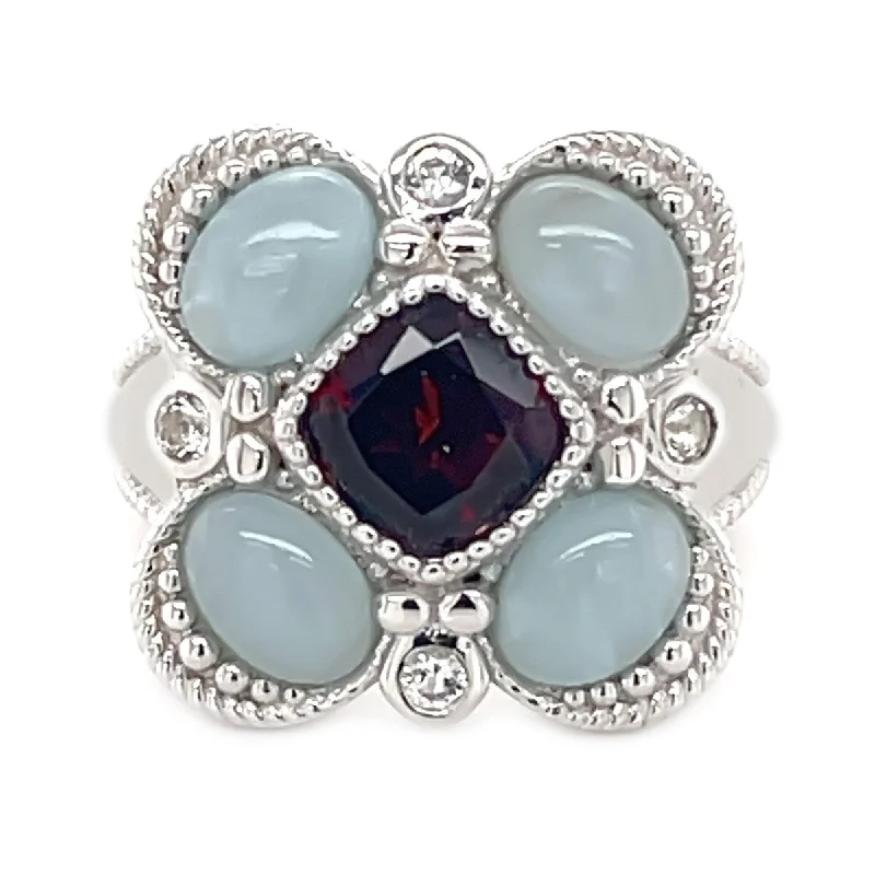 925 Sterling Silver Milky Aquamarine,Red Garnet,White Topaz Ring