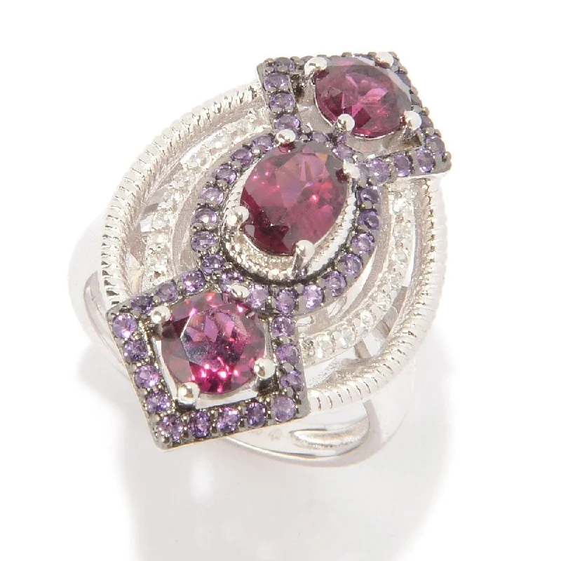 Pinctore Sterling Silver Rhodolite, Amethyst & White Zircon Cocktail Ring, Size 7 - Red