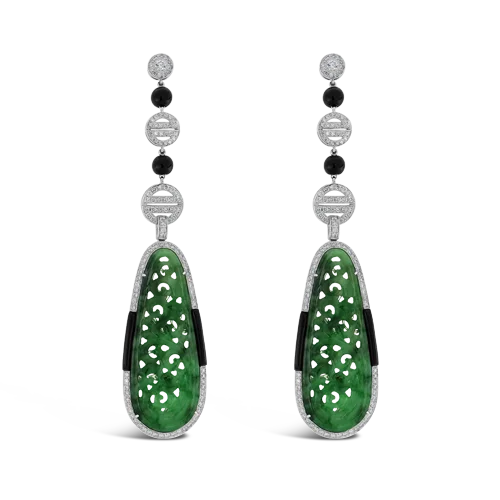 Carved Jade & Diamond Dangle Earrings