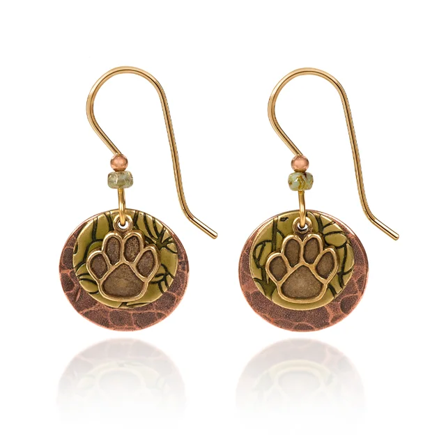 Silver Forest Earrings Gold Paw Print on Layered Rounds