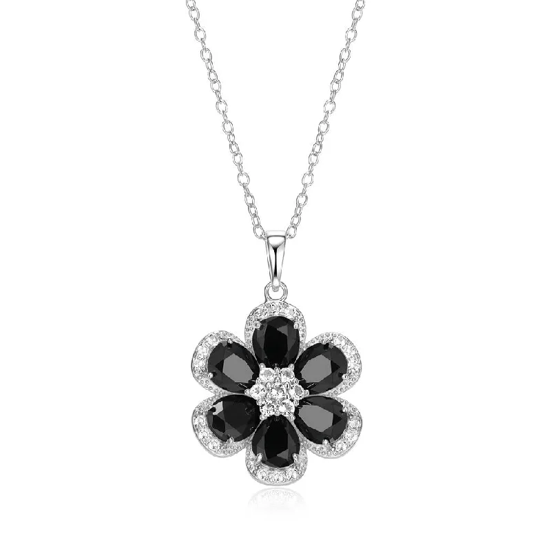 Sterling Silver Black Spinel & White Topaz Flower Necklace by Samuel B.