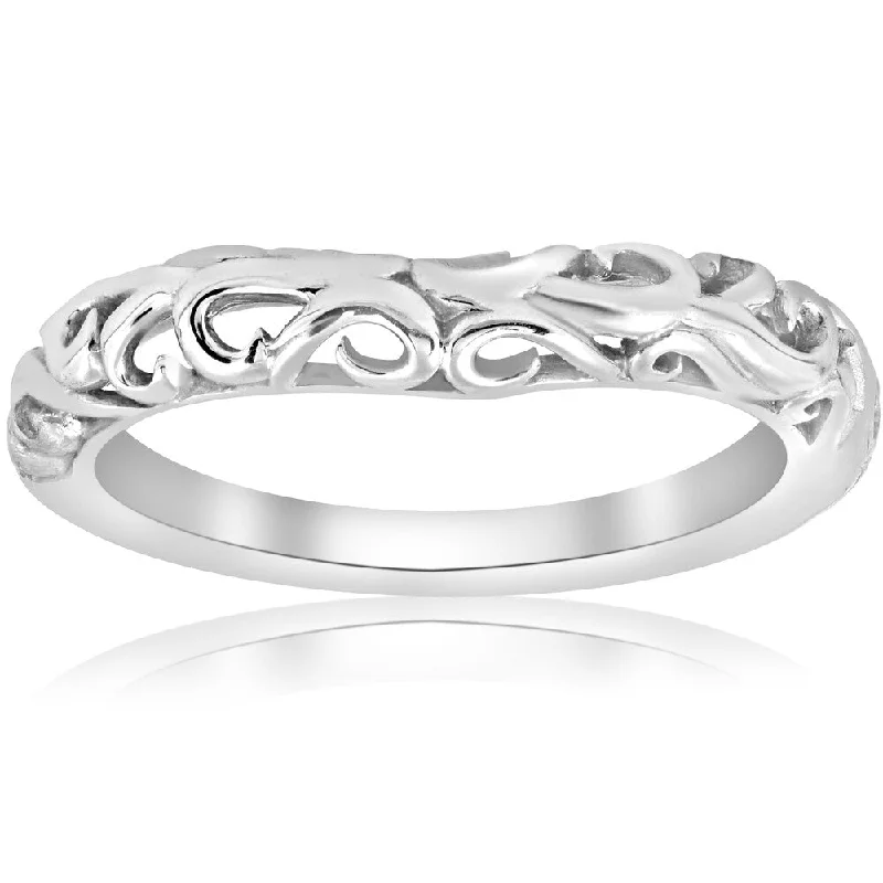 14K White Gold Curved Vintage Womens Filigree Antique Filigree Ring Scroll Band