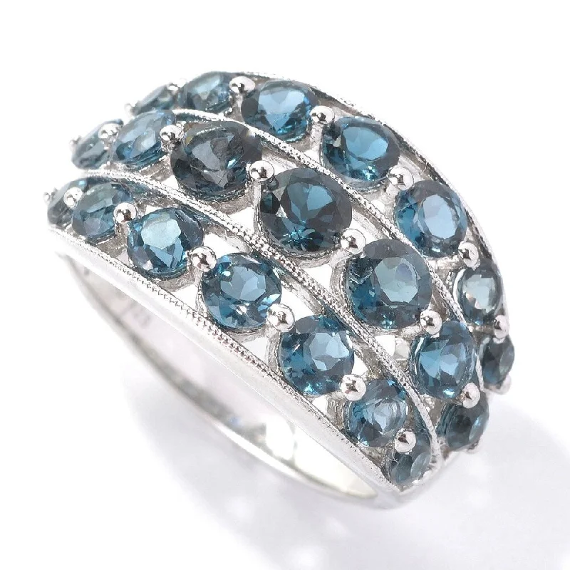 Sterling Silver Three-row Round-cut London Blue Topaz Ring