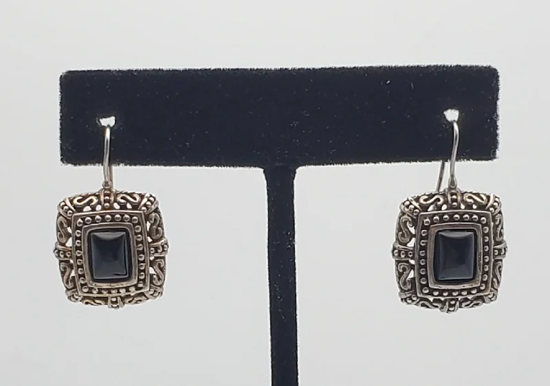 Vintage Black Onyx Cabochon Pierced Design Sterling Silver Drop Earrings