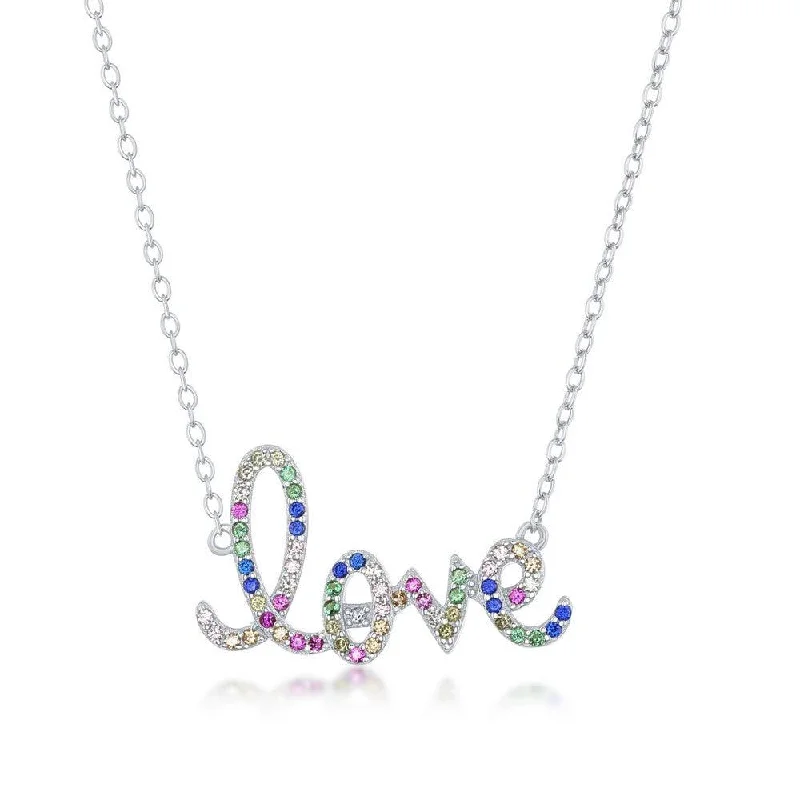 Sterling Silver Rainbow CZ Love Script Necklace