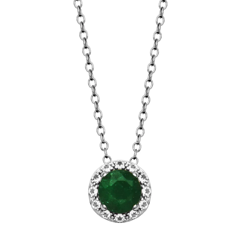 Sterling Silver Dyed Green Corundum & White Topaz Halo Necklace by Samuel B.