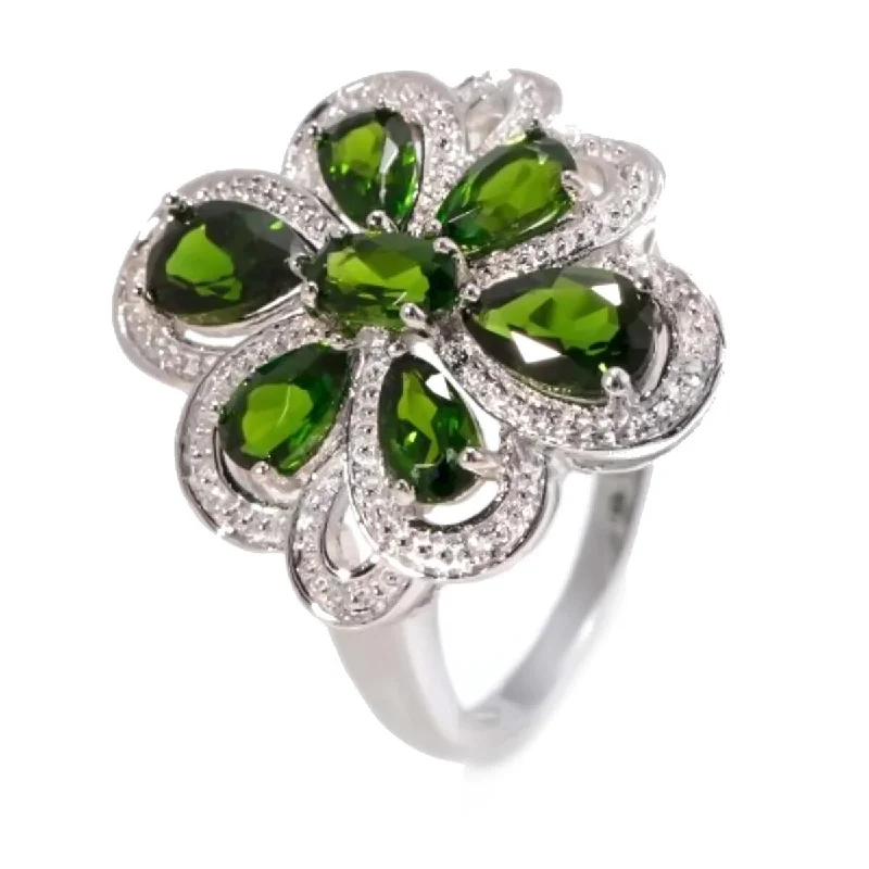 925 Sterling Silver Chrome Diopside and Diamond Gemstone Flower Ring