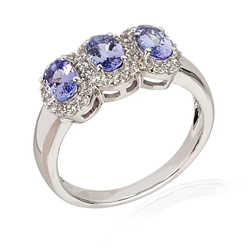 925 Sterling Silver Tanzanite And White Natural Zircon 3-Stone Ring