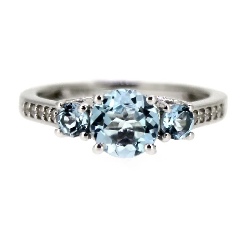 925 Sterling Silver Sky Blue Topaz,White Natural Zircon 3-Stone Ring