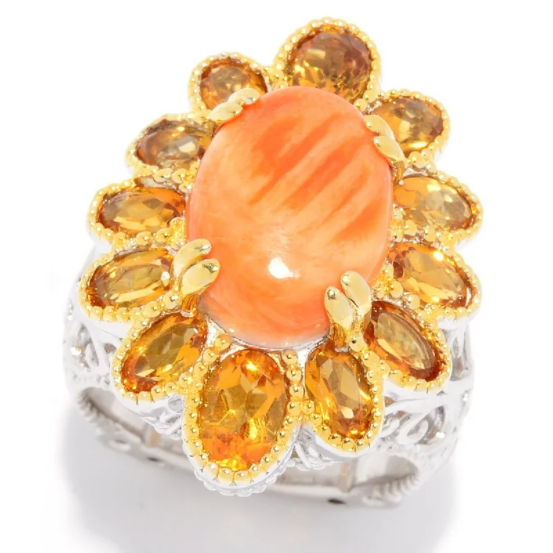 Dallas Prince 14 x 10mm Oval Spiny Oyster & Sunset Citrine Flower Ring