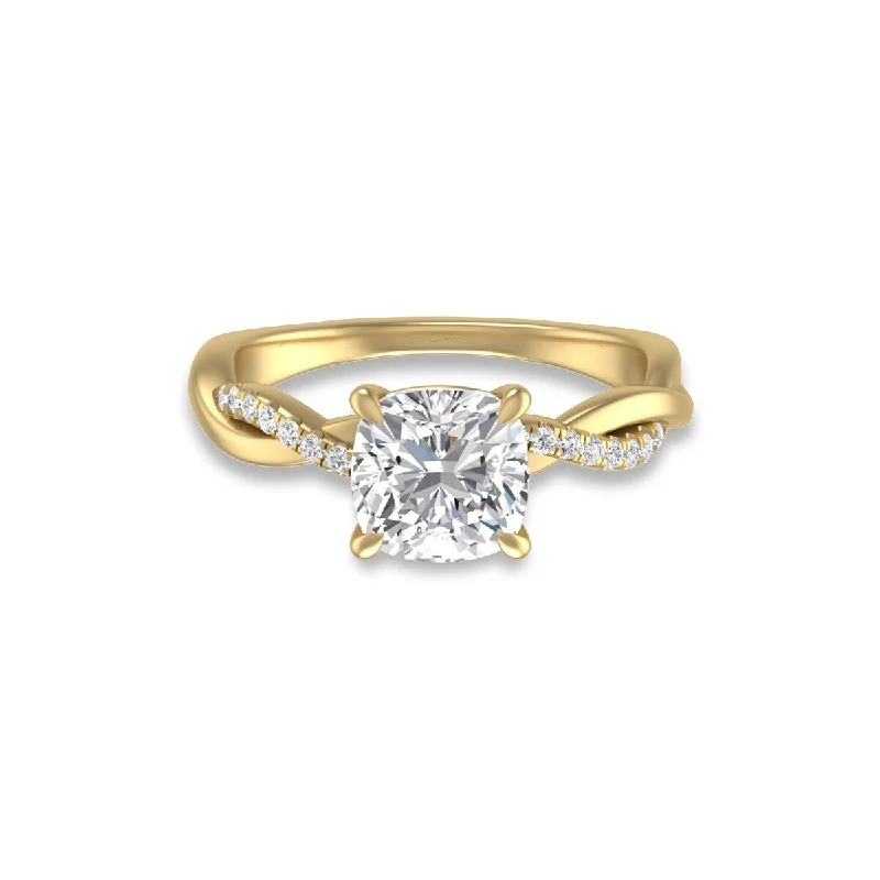 Marquee Agatha Twisted Pave Ring with IGI Certified 2.50 Carat Lab-Grown Cushion Cut Diamond in 14K Yellow Gold