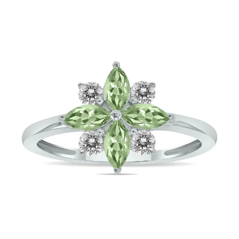 Marquee Jewels 3/4 Carat TW Green Amethyst and Diamond Flower Ring in 10K White Gold