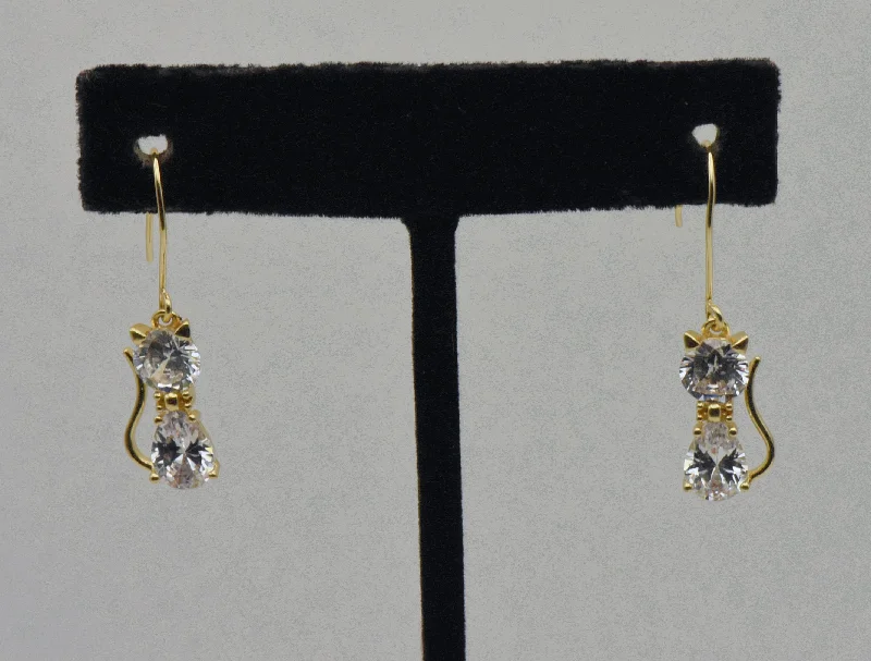 Vintage Cubic Zirconia Cat Gold Tone Sterling Silver Earrings