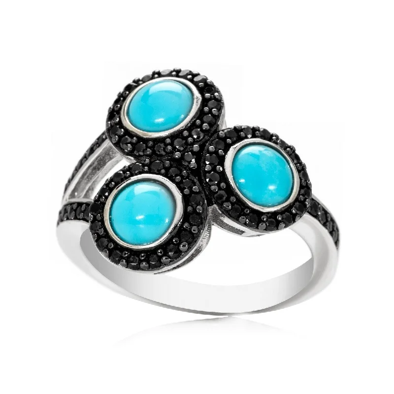 925 Sterling Silver Sleeping Beauty Turquoise and Black Spinel 3- Stone Ring