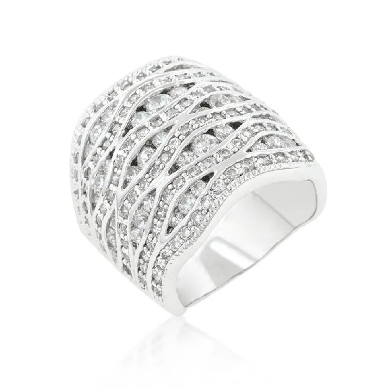 Cubic Zirconia Pave Abstract Ring With Rhodium Plated