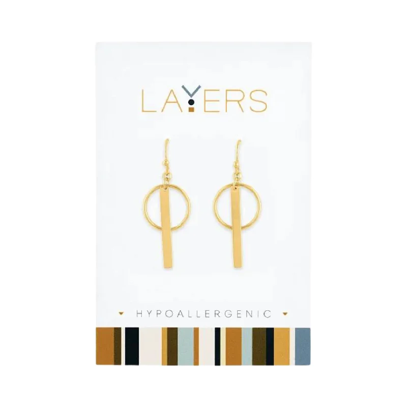 Gold Circle & Bar Dangle Layers Earrings