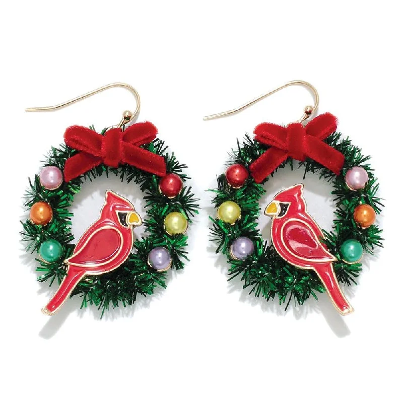 Holiday Earrings Wreath with Cardinal