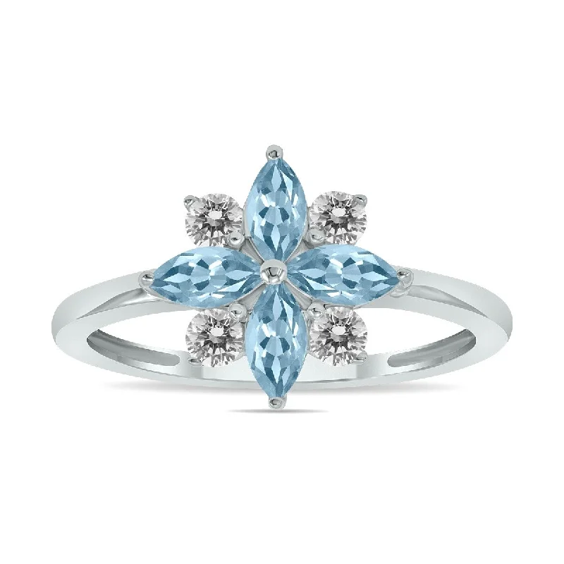 Marquee Jewels 3/4 Carat TW Aquamarine and Diamond Flower Ring in 10K White Gold