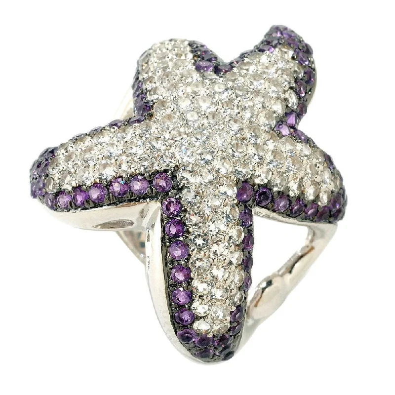 Sterling Silver Amethyst and White Topaz Starfish Ring