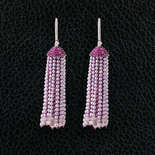 Pink Sapphire & Pink Pearl Tassel Earrings