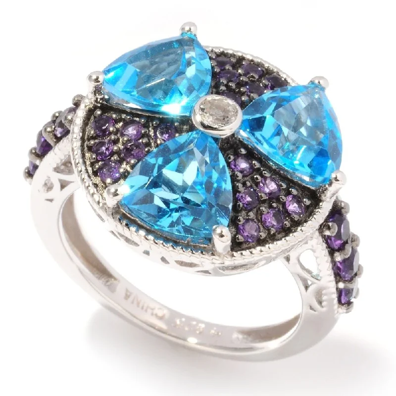 Ster Silver Swiss Blue Topaz, African Amethyst Cluster Ring, Size 7