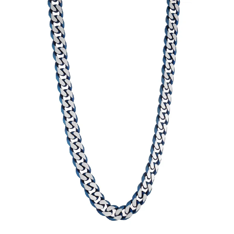 Stainless Steel and IP Blue Curb Chain Men's Necklace