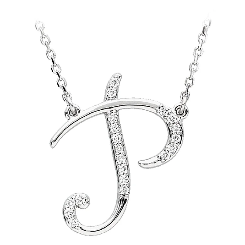 1/10 Ctw Diamond Sterling Silver Medium Script Initial P Necklace 16in