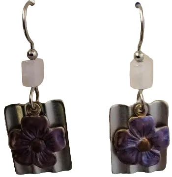 Silver Forest Purple Flower Wavy Rectangle Earrings