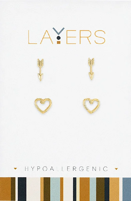 Gold Arrow & Open Heart Duo Pair Stud Layers Earrings