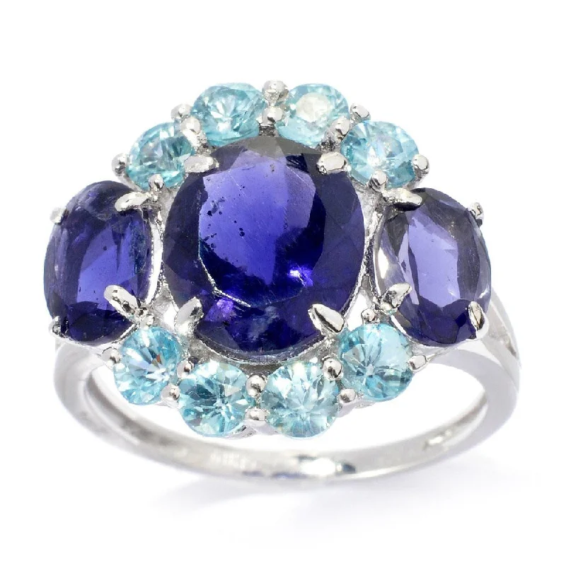 Sterling Silver 4.92ctw Iolite & Aqua Zircon Three-Stone Ring