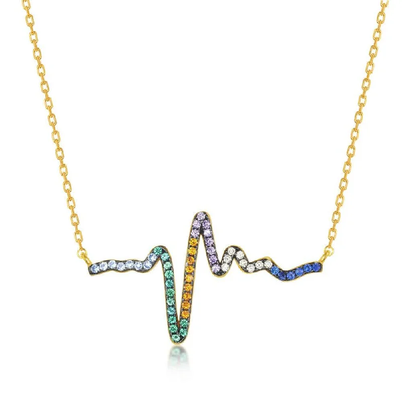 Sterling Silver Rainbow CZ Heartbeat Necklace - Gold Plated