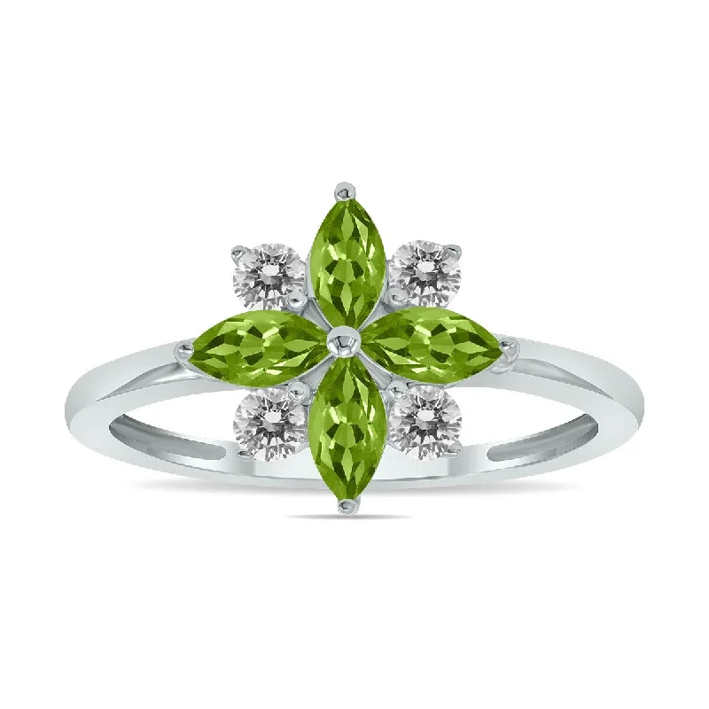 Marquee Jewels 3/4 Carat TW Peridot and Diamond Flower Ring in 10K White Gold