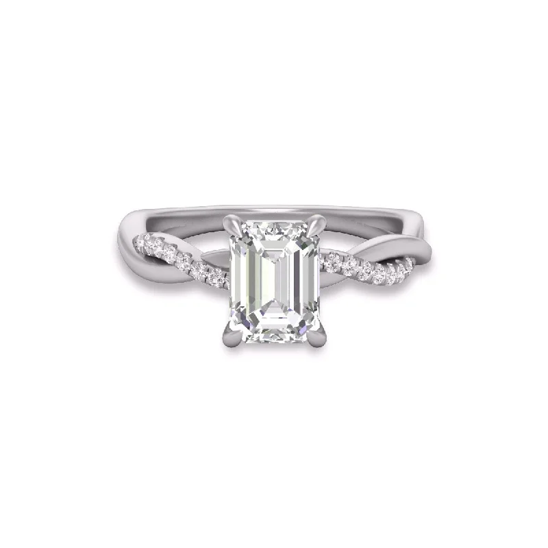 Marquee Agatha Twisted Pave Ring with IGI Certified 2.50 Carat Lab-Grown Emerald Cut Diamond in 14K White Gold