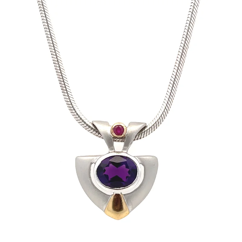 Estate Sterling Silver 2.54ctw Oval Amethyst & Synthetic Ruby Necklace