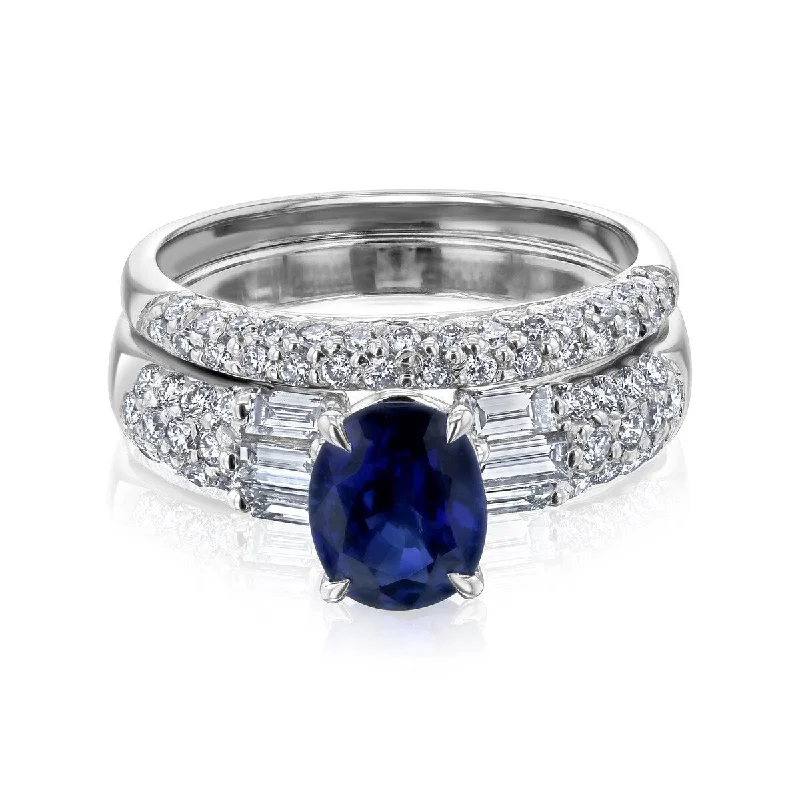 Annello by Kobelli Valerie 14k White Gold Oval Sapphire & Baguette White Diamond Bridal Rings Set