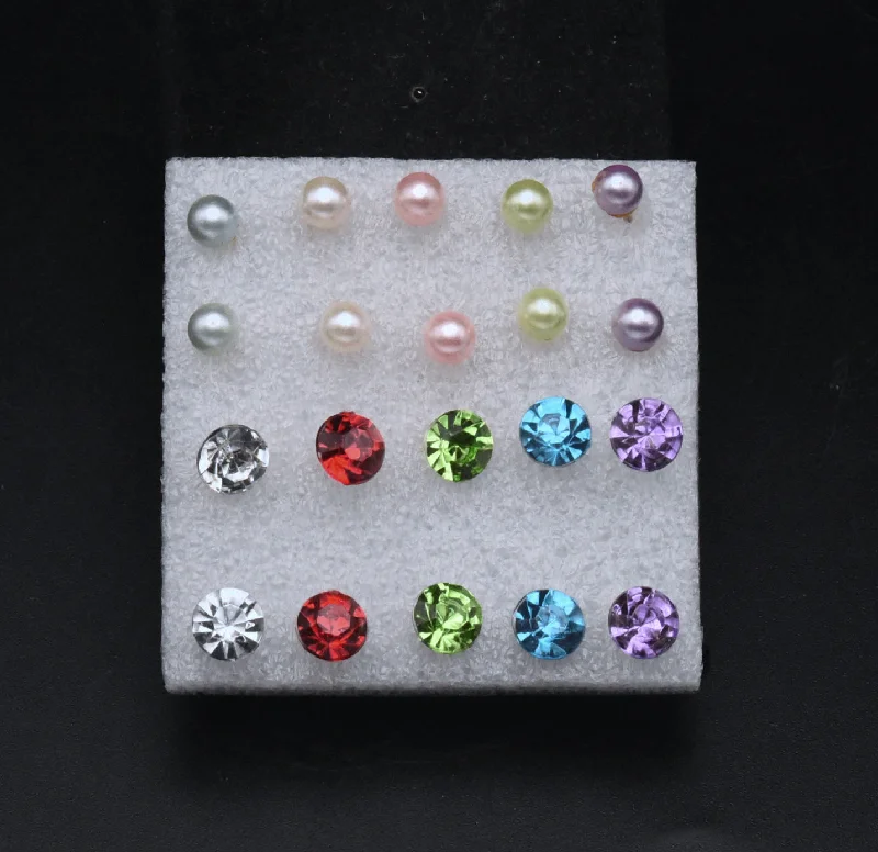 Set of 10 Stud Earrings: Rhinestones and Faux Pearls